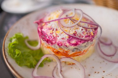 Ev yapımı salamura ringa balığı, kürk mantonun altında geleneksel Rus salata ringası..