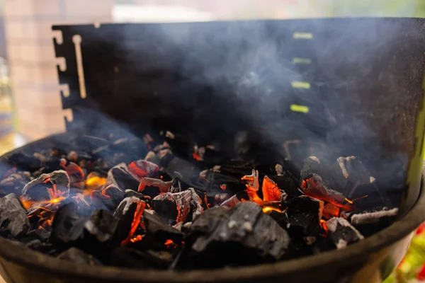 Imagen de la parrilla de carbón, cerca de llamas vivas. — Foto de Stock