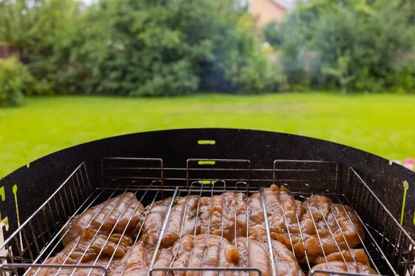 Marinated grilled chicken on the flaming grill. — Stock Photo, Image