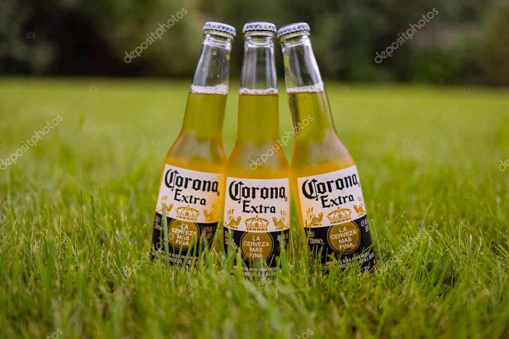 UFA, RUSSIA -June 13, 2021: Corona Extra, one of the top-selling beers worldwide is a pale lager produced by Cerveceria Modelo in Mexico