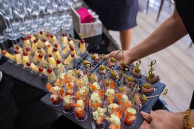 Açık büfe masası - bir sürü kanepe ve sandviç, sığ DOF.