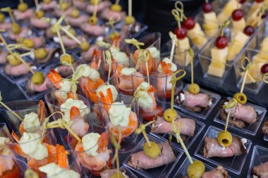 Açık büfe masası - bir sürü kanepe ve sandviç, sığ DOF.