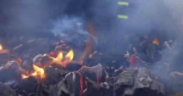 在bbq烤炉中焚烧红色有机木炭质感. — 图库视频影像
