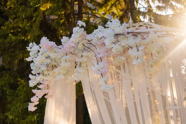 Arco para la ceremonia de boda, decorado con flores de tela y vegetación, está en un bosque de pinos. — Foto de Stock