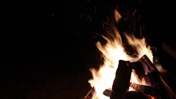 Nachtvreugdevuur tegen een donkere achtergrond. Vlammen verspreiden vonken in alle richtingen. Helder brandend oranje vuur. — Stockvideo