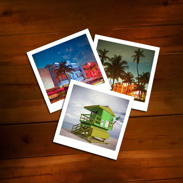 Vintage polaroids of travel memories on a wooden background — Stock Photo, Image