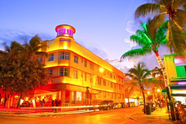 Miami Beach, Florida hotels and restaurants at sunset