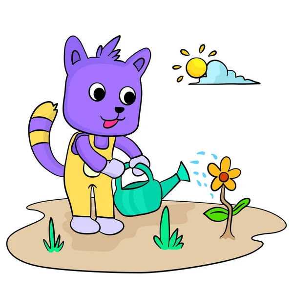 Gato Está Regando Planta — Vector de stock