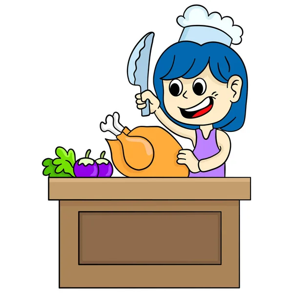 Šéfkuchařka Pracuje Kuřetem — Stockový vektor