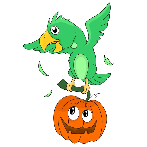 Loro Volador Llevando Calabaza Halloween — Vector de stock