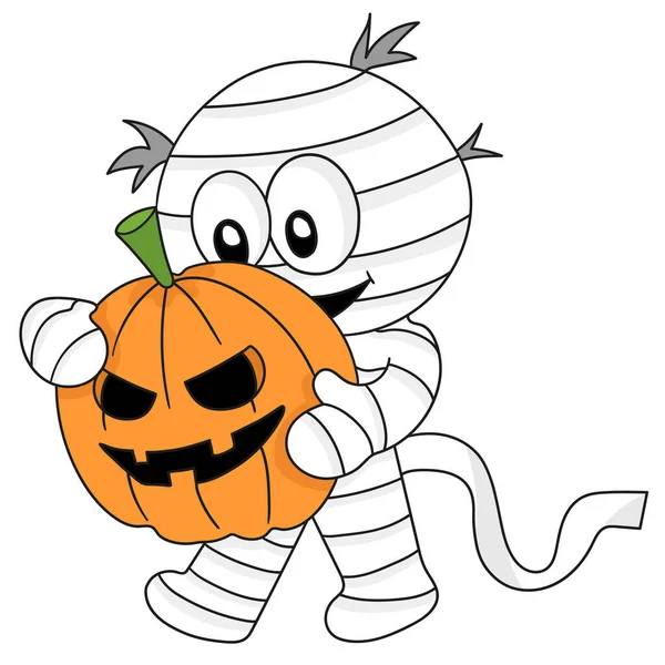 Momia Caminando Traer Halloween Calabaza — Vector de stock