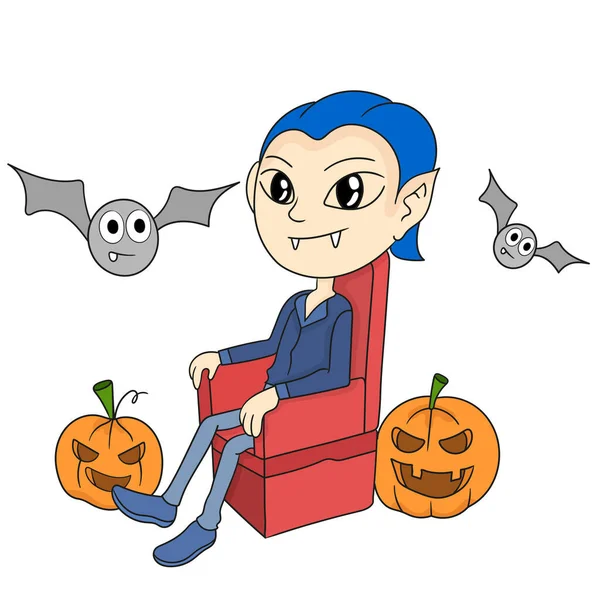 Drácula Está Sentado Trono Celebrando Halloween — Vector de stock