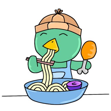 Kızarmış tavuklu erişte yiyen tatlı çizgi film.