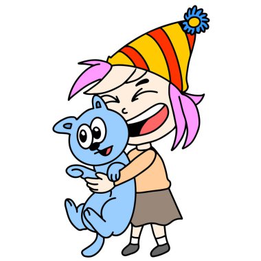 Kızı ve evcil kedisi parti veriyor.