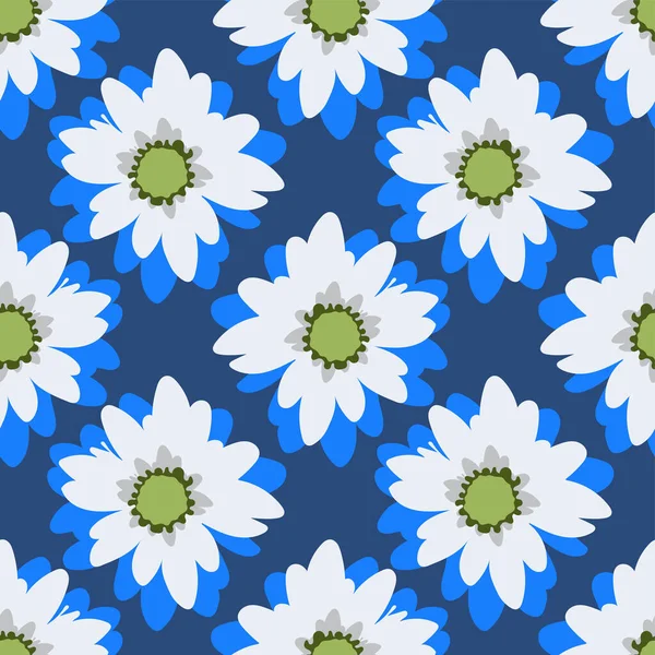 Blue White Chrysanthemum Blossom Seamless Pattern — Stock Vector