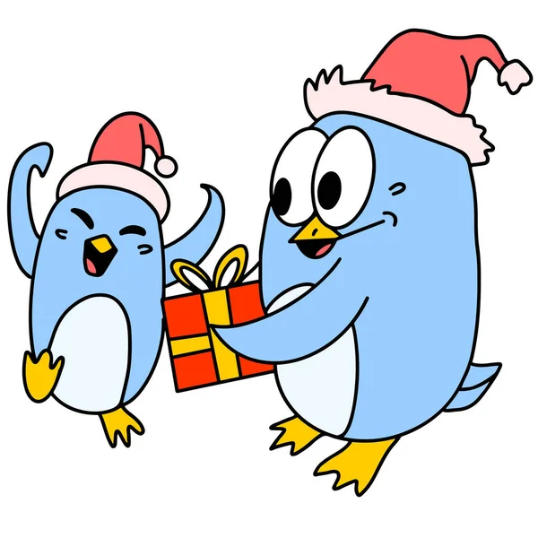 Penguin Parents Give Children Christmas Gifts — Stock Vector