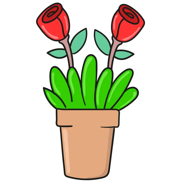 Rosas Vaso Flores Desenho Animado Doodle Vetor Ilustração —  Vetores de Stock