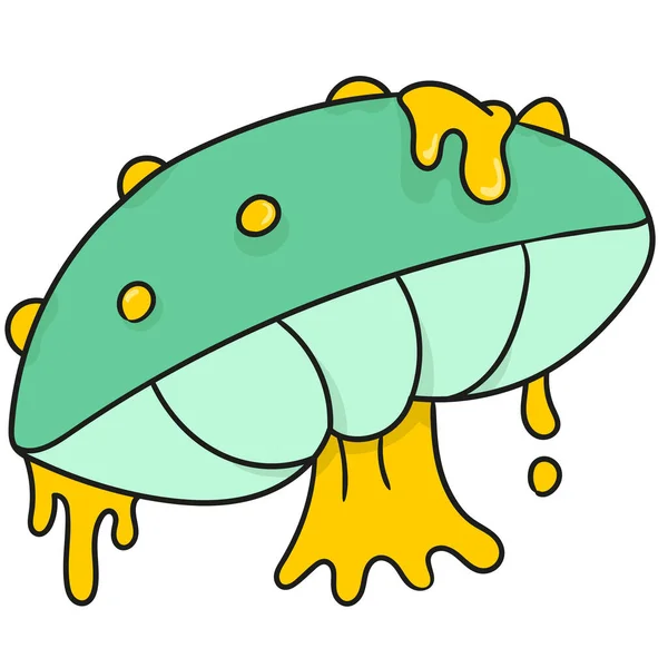 Green Mushroom Yellow Liquid Coming Out Cartoon Character — Stock Vector