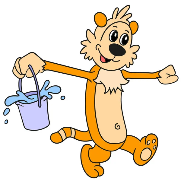 Tiger Carrying Water Bucket Cartoon Character Vector Illustration — Stock Vector