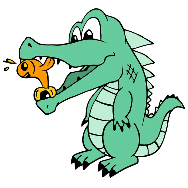 Ein Fisch Versucht Aus Dem Krokodilmund Springen Zeichentrickfigur Vektor Illustration — Stockvektor