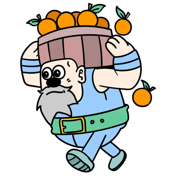 Grande Homem Está Carregando Uma Cesta Laranja Desenho Animado Personagem — Vetor de Stock