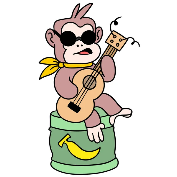 Maymun Gitar Çizgi Film Karakteri Vektör Çizimi Oynuyor — Stok Vektör
