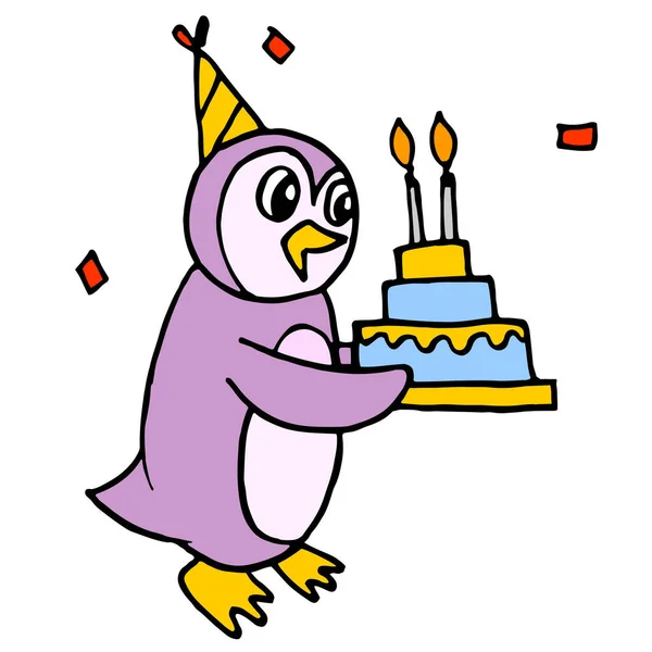 Pingouin Apporte Gâteau Anniversaire Dessin Animé Personnage Illustration Vectorielle — Image vectorielle