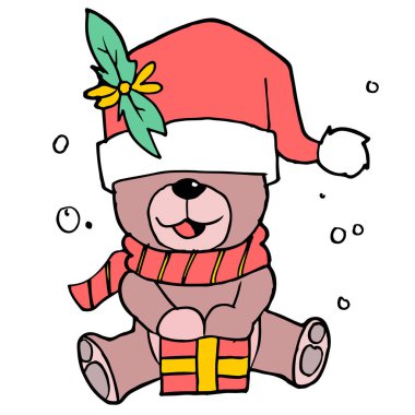 Hediye vektörü illüstrasyon çizgi film karakteri taşıyan gözleri kapalı bir ayı.