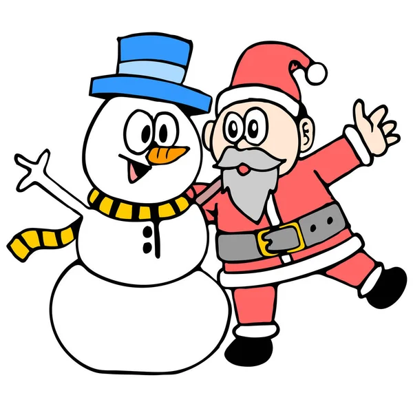 Snowman Santa Celebrate Christmas Together Doodle Icon Image — Stock Vector