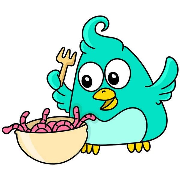 Oiseau Visage Heureux Prêt Manger Délicieux Ver Doodle Kawaii Image — Image vectorielle