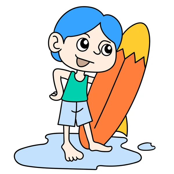 Bir çocuk sörf tahtası getiriyor, doodle kawaii. karalama simgesi resmi