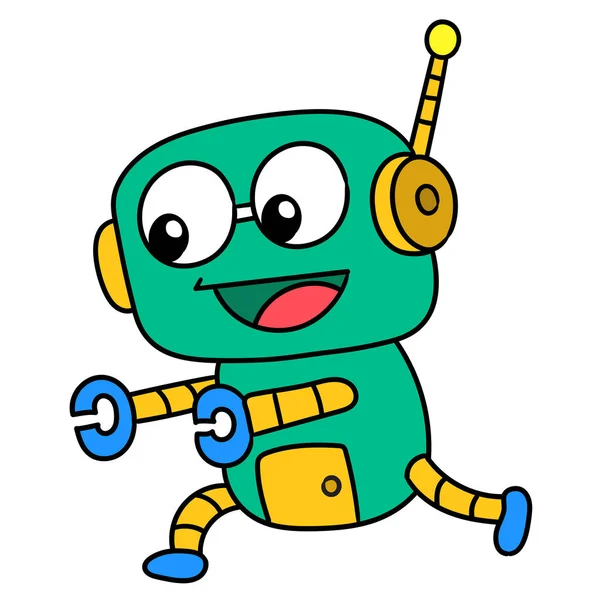 Robot Kreslený Vesele Pobíhá Kolem Doodle Kawaii Obrázek Ikony Čmáranice — Stockový vektor
