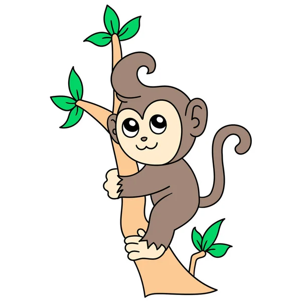 Çizgi Filmlerde Ağaca Tırmanan Sevimli Maymun Çocuk Doodle Kawaii Karalama — Stok Vektör