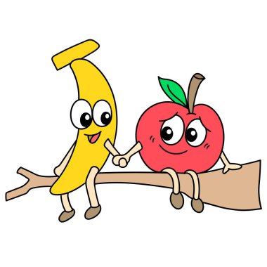 Muzlar ve elmalar el ele tutuşur, doodle kawaii. karalama simgesi resmi