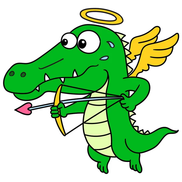 Krokodýlí Anděl Šípem Lásky Doodle Kawaii Obrázek Ikony Čmáranice — Stockový vektor