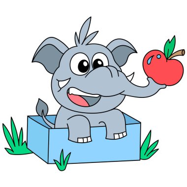 Taze elma taşıyan şirin bir bebek fil, karalama simgesi