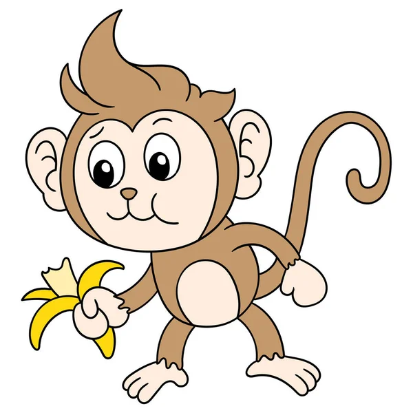 Cute Monkey Eating Banana Doodle Icon Image — Stock Vector