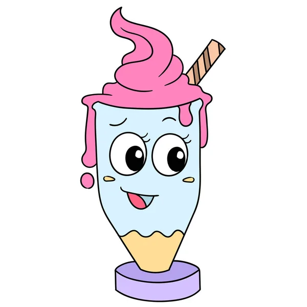 Ice Cream Emoticon Glass Happy Smiling Face Doodle Icon Image — Stock Vector