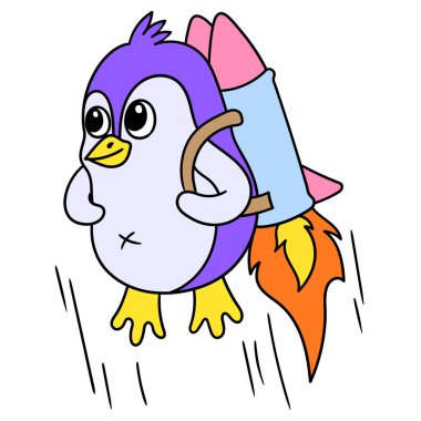 Uzay roketi kullanarak uçan sevimli penguen, karalama simgesi resmi