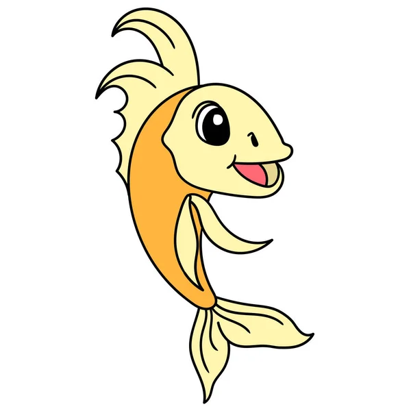 Goldfisch Schwimmt Mit Glücklich Lächelndem Gesicht Doodle Symbolbild — Stockvektor