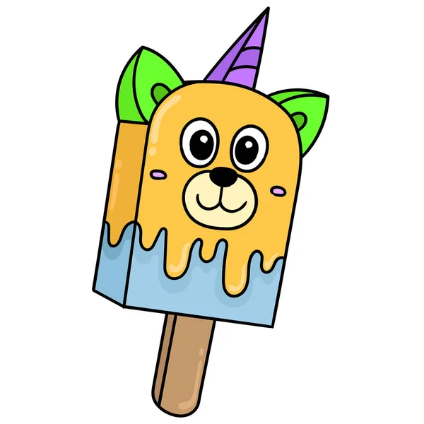 Bear Face Ice Cream Stick Happy Smiling Face Doodle Icon — Stock Vector