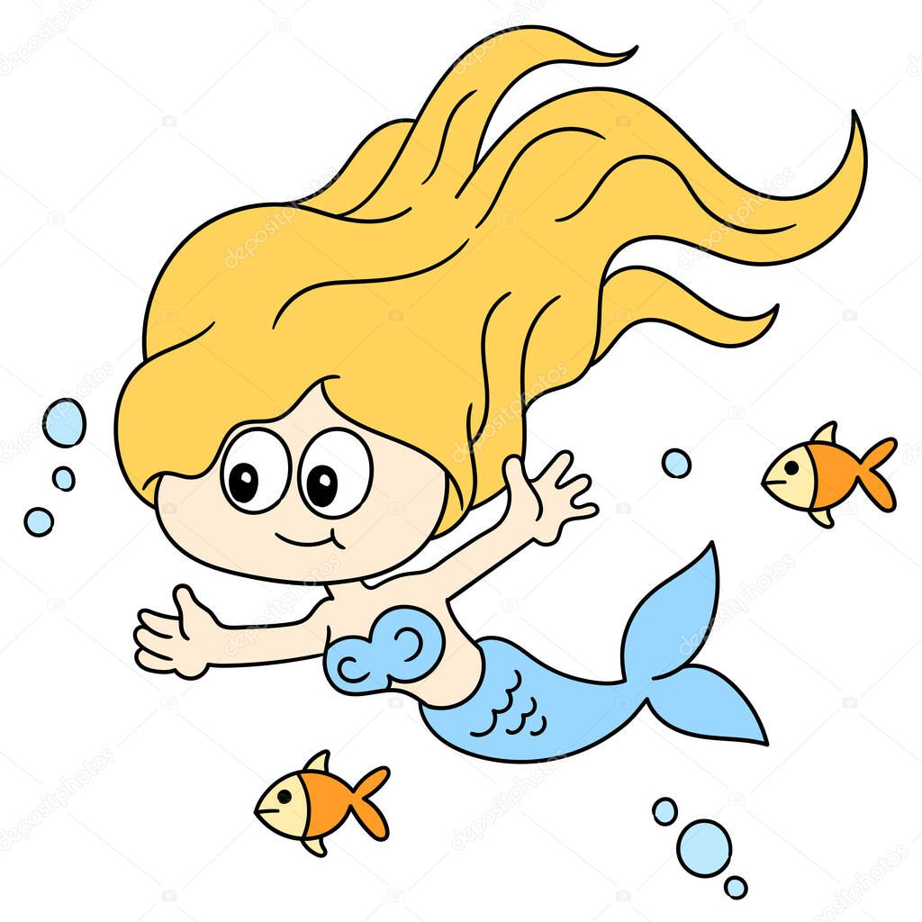 beautiful mermaids swim with the fish in the sea, doodle icon image