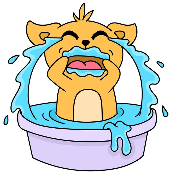 Cartoon Stickers Cat Very Sad Crying Fill Tub Doodle Icon — Stock Vector