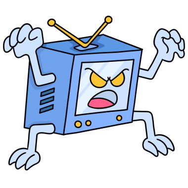 Korkunç suratlı televizyon canavarı çizgi filmi pusuya düşürmek, kawaii çizmek istiyor. vektör illüstrasyon sanatı