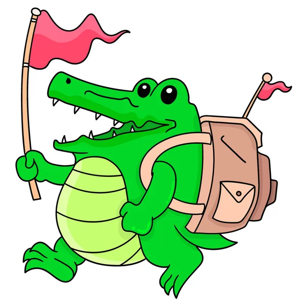 Ein Grüner Krokodiljunge Der Eine Tasche Mit Einem Glücklichen Gesicht — Stockvektor