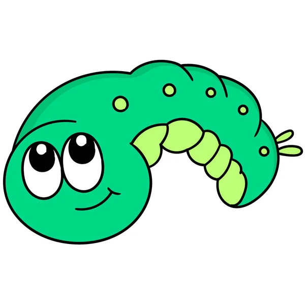 Cartoon Emoticon Smiling Green Faced Caterpillar Head Doodle Draw Kawaii — Stock Vector