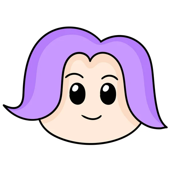 Morado Cara Amigable Emoticono Pelo Doodle Icono Imagen Kawaii — Vector de stock