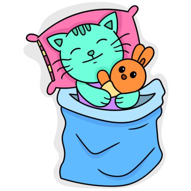 Kediler ve kediler battaniyeler içinde uyurlar, ikon imajı çizerler, kawaii