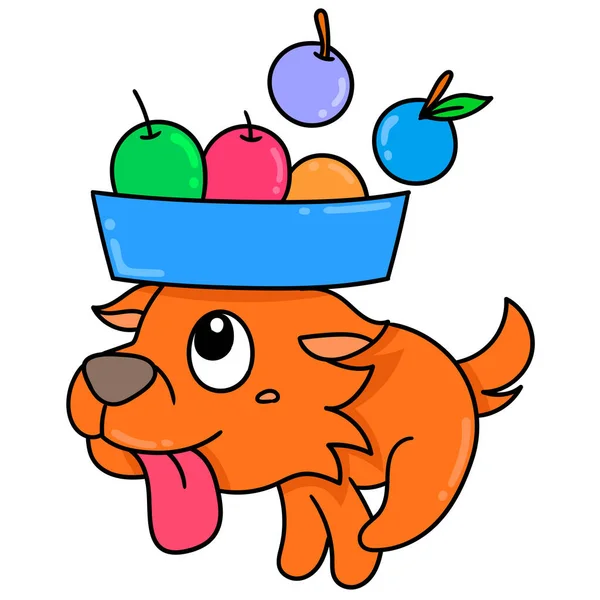 Cachorro Mascota Corre Con Frutas Garabato Icono Imagen Kawaii — Archivo Imágenes Vectoriales