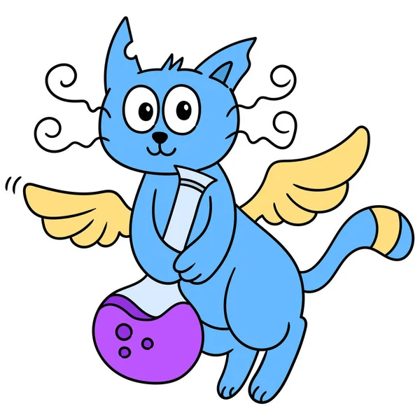 Ιπτάμενη Φτερωτή Γάτα Κουβαλούσε Ένα Μαγικό Φίλτρο — Διανυσματικό Αρχείο